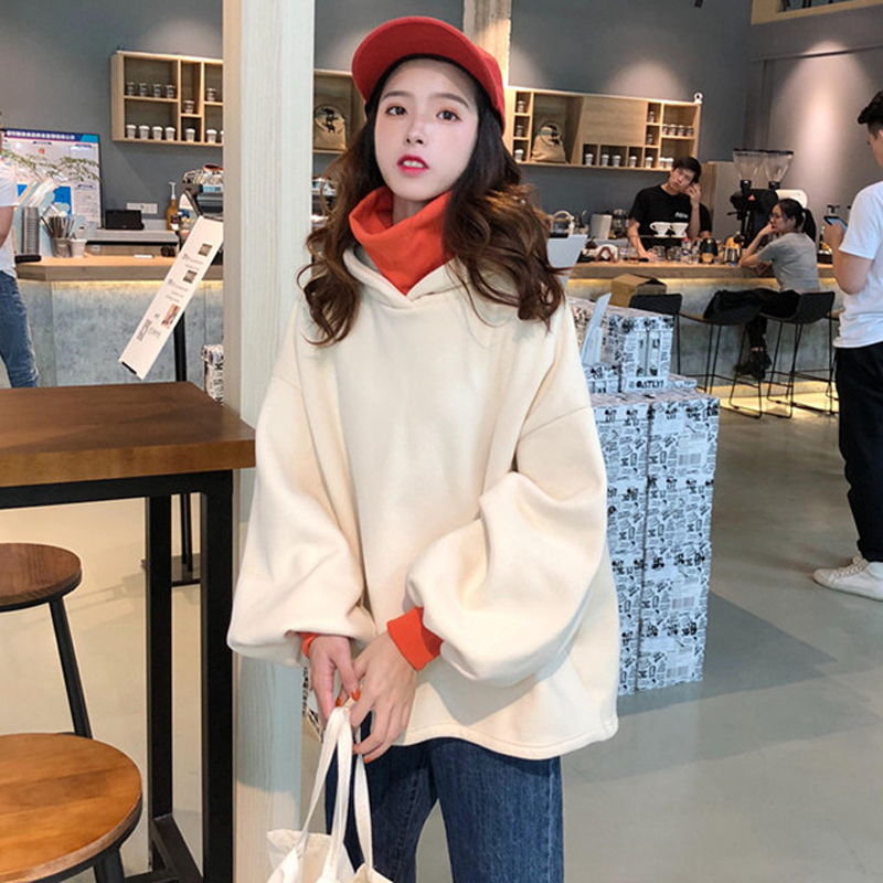 2018新款秋冬女裝韓版拼接高領連帽加絨加厚套頭超火衛衣上衣外套