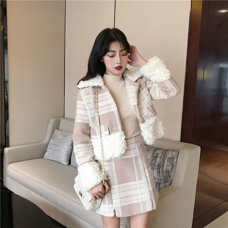 秋冬季時尚氣質羊毛呢子短款格子毛領毛呢外套女+毛呢半身裙套裝