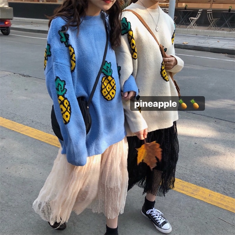 韓版寬松圓領長袖套頭菠蘿毛衣女+高腰網紗百褶半身裙時尚套裝潮