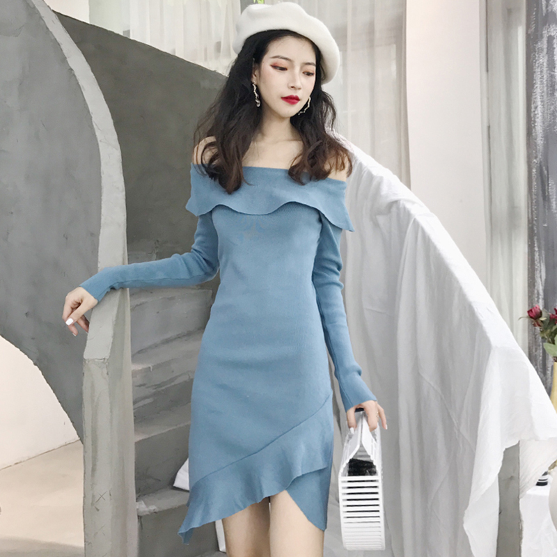 晚晚風2018新款秋裝性感顯瘦不規則邊短裙chic修身長袖針織連衣裙