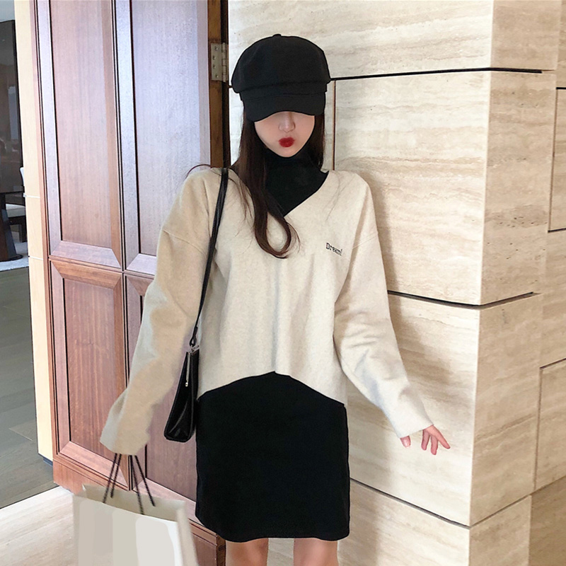 新款韓版毛呢套頭上衣高領背心彈力連衣裙女兩件套時尚套裝女裝潮