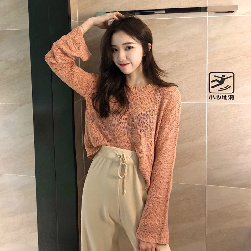 新款秋季韓版長袖短款針織衫套頭毛衣高腰闊腿褲針織長褲時尚套裝